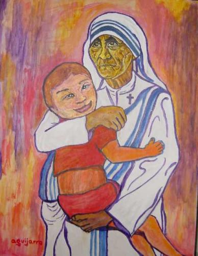 Dessin d'Aguijarro représentant Mère Teresa portant Pepo, un enfant atteint du syndrome de Down